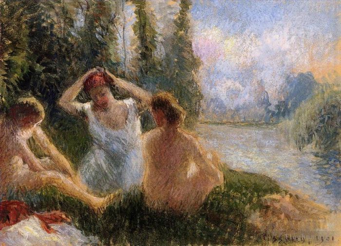 Camille Pissarro Oil Painting - Bathers seated on the banks of a river 1901