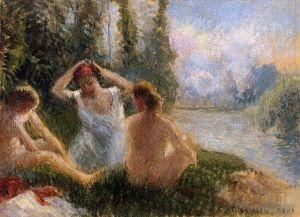 Artist Camille Pissarro's Work - Bathers seated on the banks of a river 1901