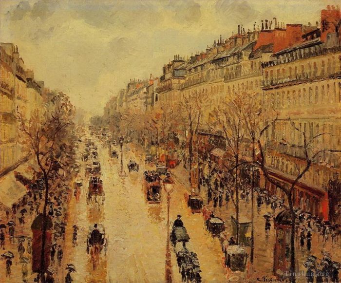 Camille Pissarro Oil Painting - Boulevard montmartre afternoon in the rain 1897