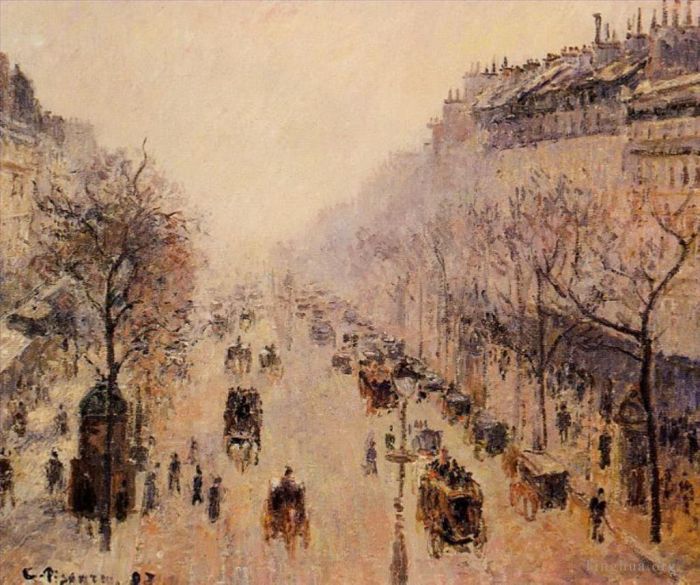 Camille Pissarro Oil Painting - Boulevard montmartre morning sunlight and mist 1897