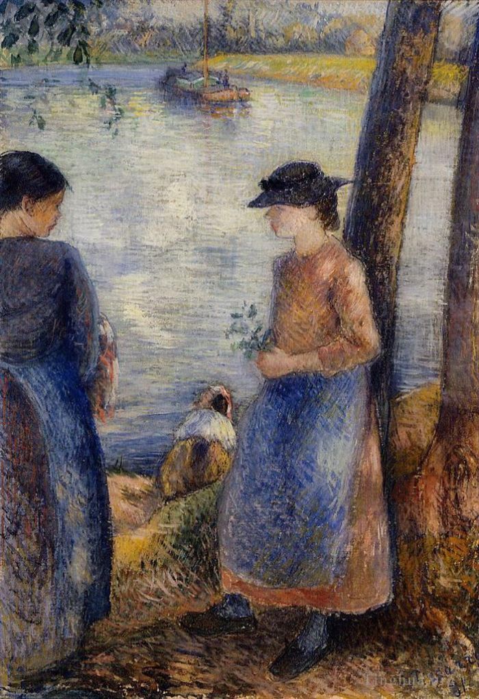 Camille Pissarro Oil Painting - By the water 1881