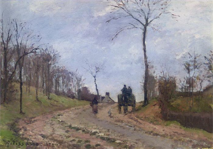 Camille Pissarro Oil Painting - Carriage on a country road winter outskirts of louveciennes 1872