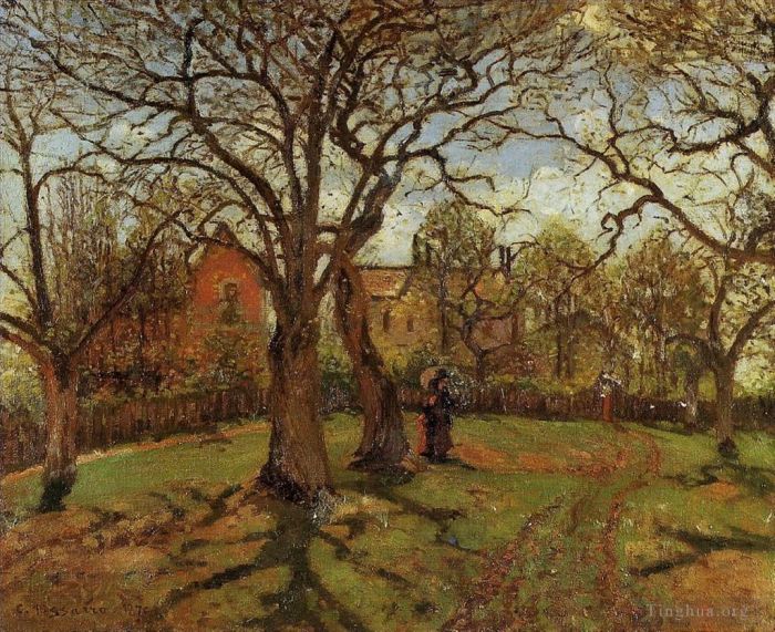 Camille Pissarro Oil Painting - Chestnut trees louveciennes spring 1870