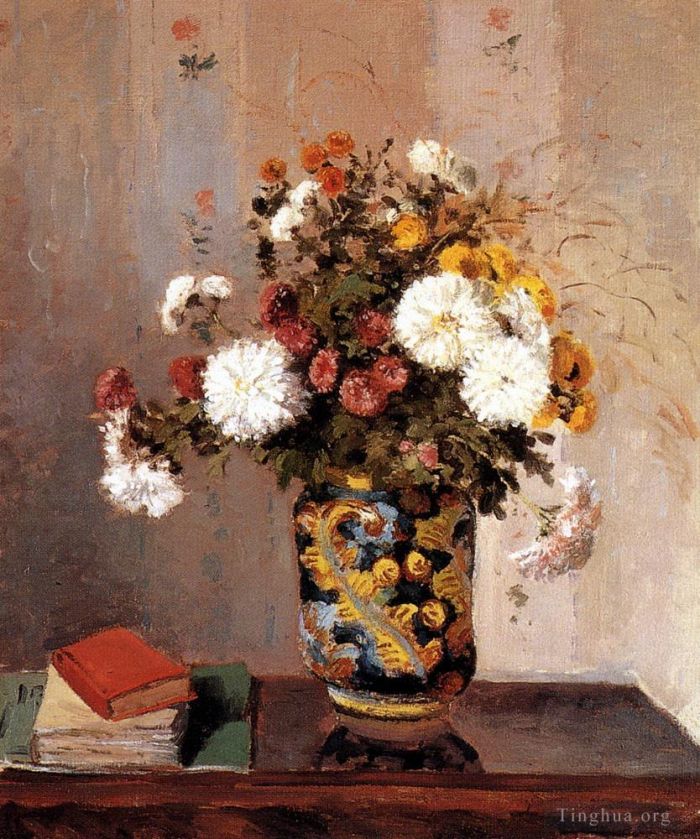 Camille Pissarro Oil Painting - Chrysanthemums in a chinese vase 1873