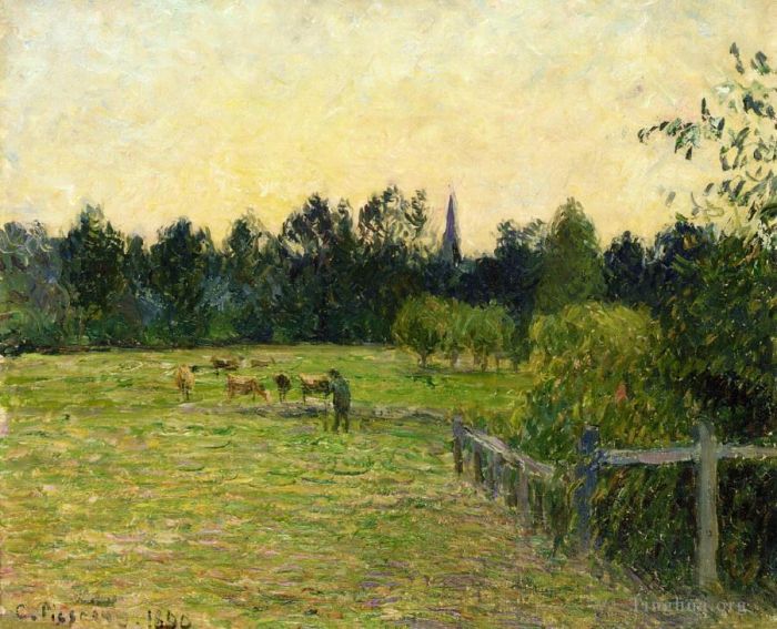 Camille Pissarro Oil Painting - Cowherd in a field at eragny 1890