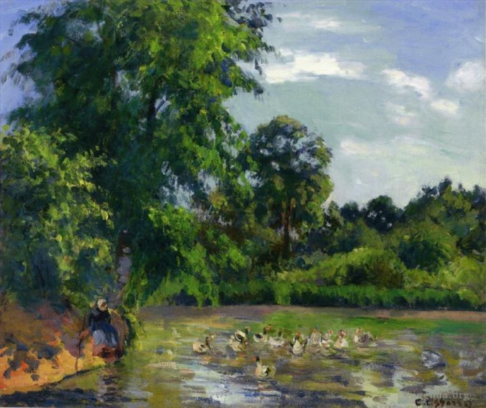 Camille Pissarro Oil Painting - Ducks on the pond at montfoucault