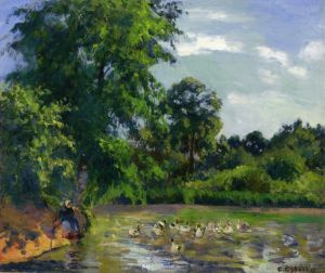 Antique Oil Painting - Ducks on the pond at montfoucault