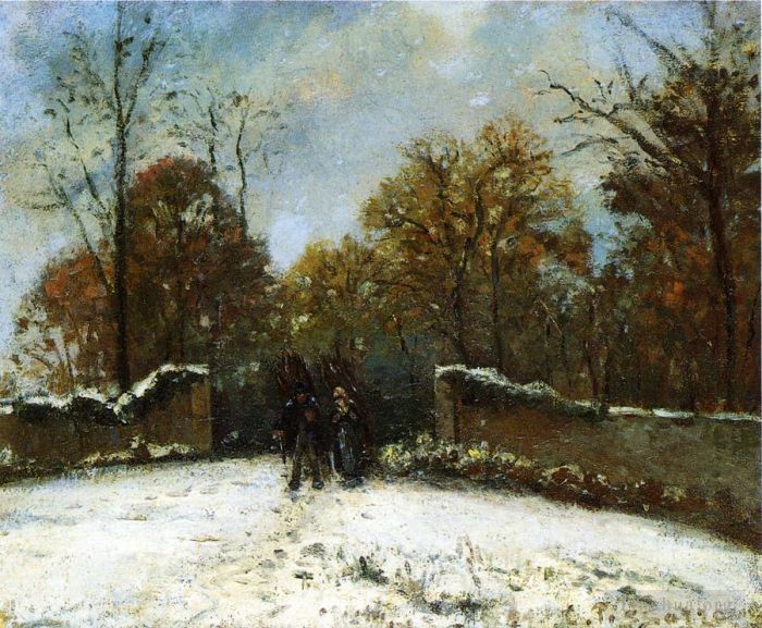 Camille Pissarro Oil Painting - Entering the forest of marly snow effect
