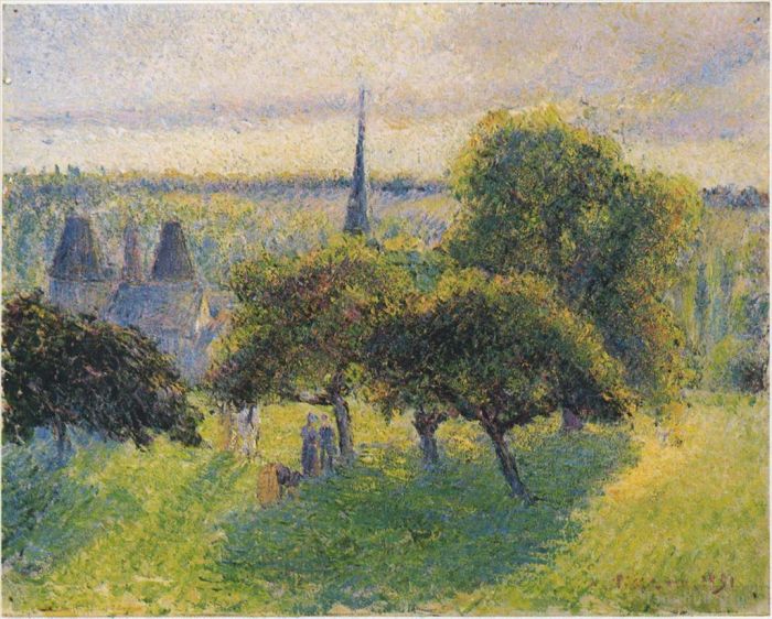 Camille Pissarro Oil Painting - Farm and steeple at sunset 1892