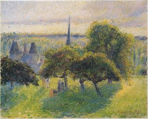 Artist Camille Pissarro's Work - Farm and steeple at sunset 1892