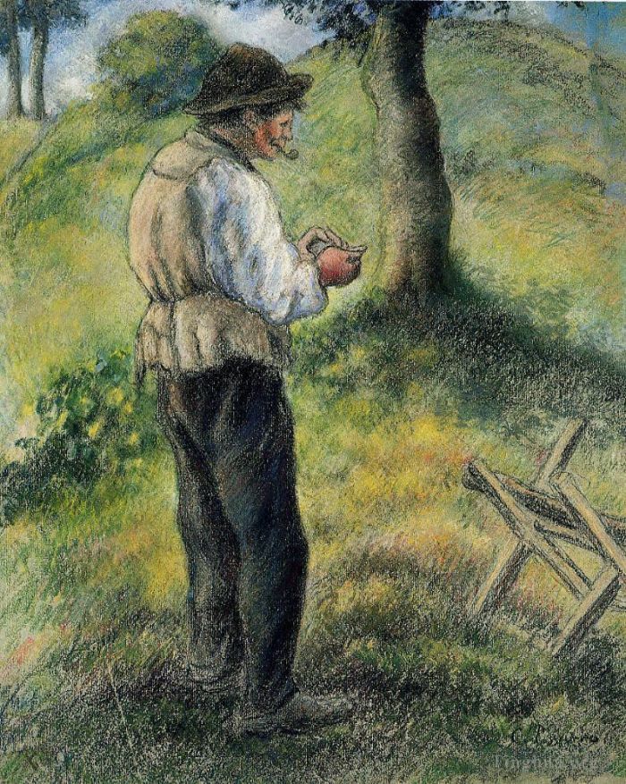 Camille Pissarro Oil Painting - Father melon lighting his pipe