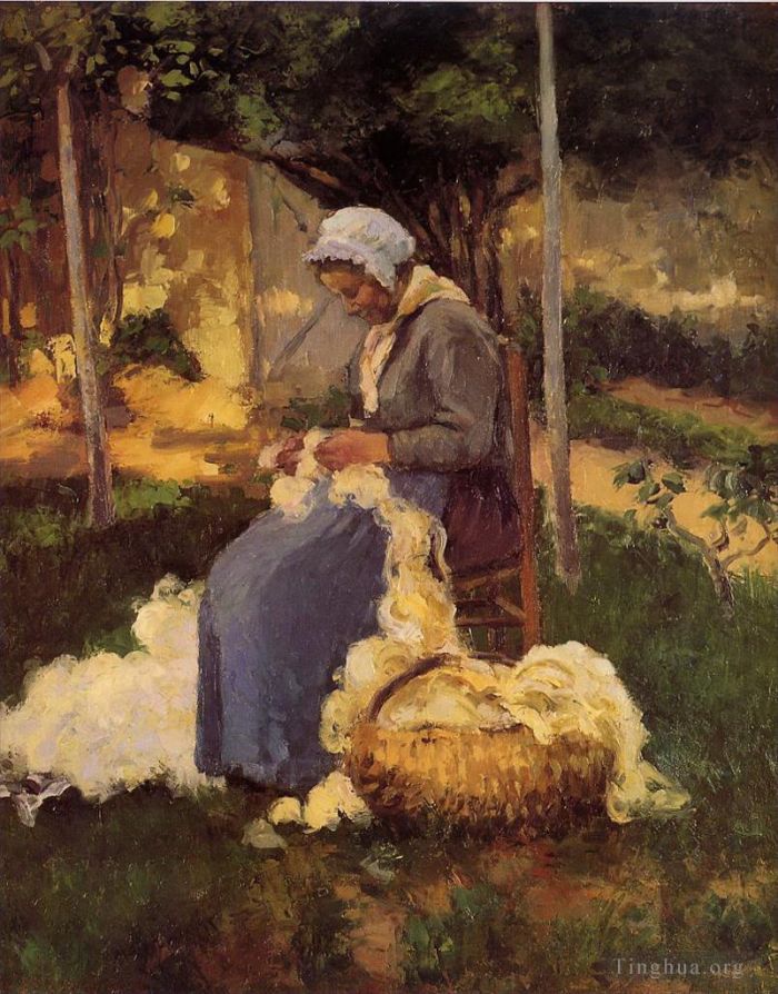 Camille Pissarro Oil Painting - Female peasant carding wool 1875