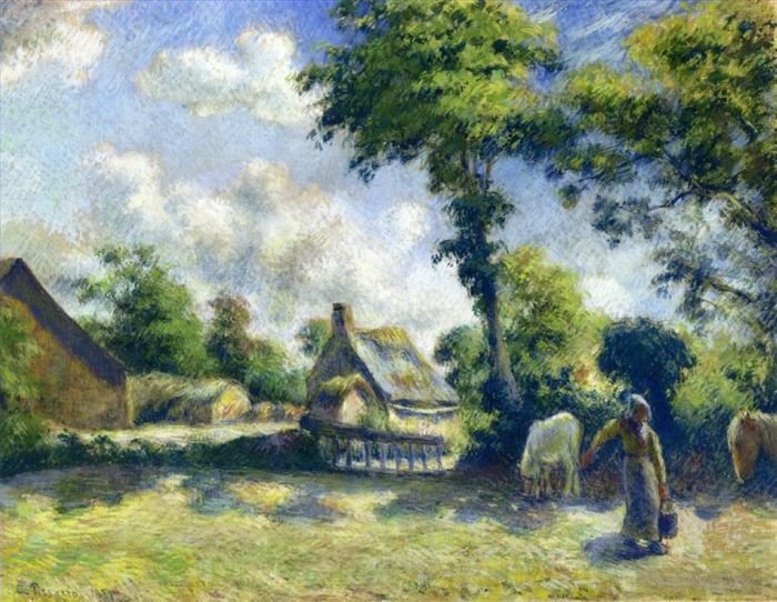 Camille Pissarro Oil Painting - Landscape at melleray woman carrying water to horses 1881
