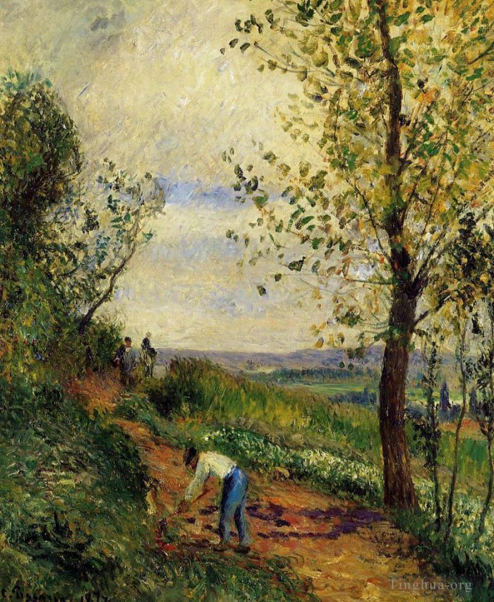Camille Pissarro Oil Painting - Landscape with a man digging 1877