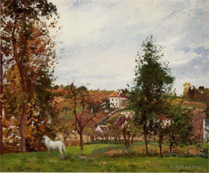 Camille Pissarro Oil Painting - Landscape with a white horse in a field l ermitage 1872