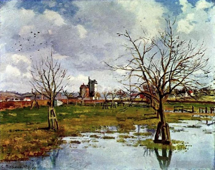 Camille Pissarro Oil Painting - Landscape with flooded fields 1873