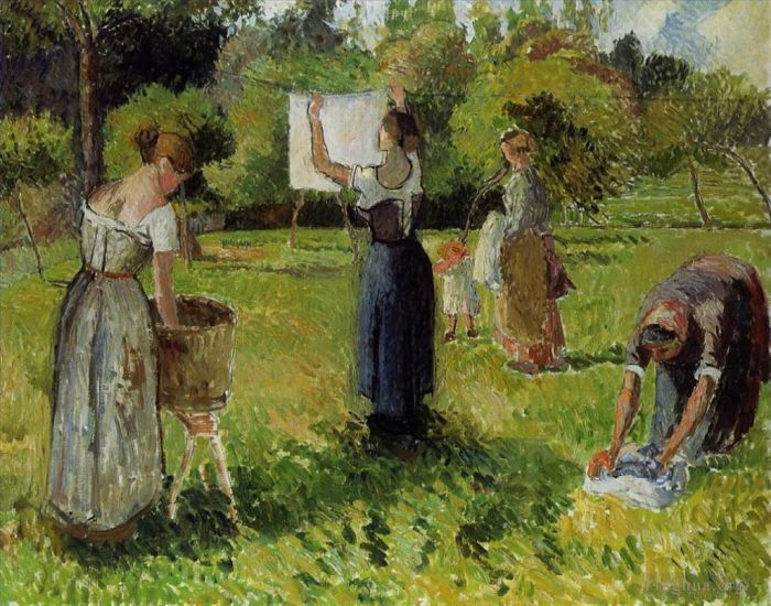 Camille Pissarro Oil Painting - Laundresses at eragny 1