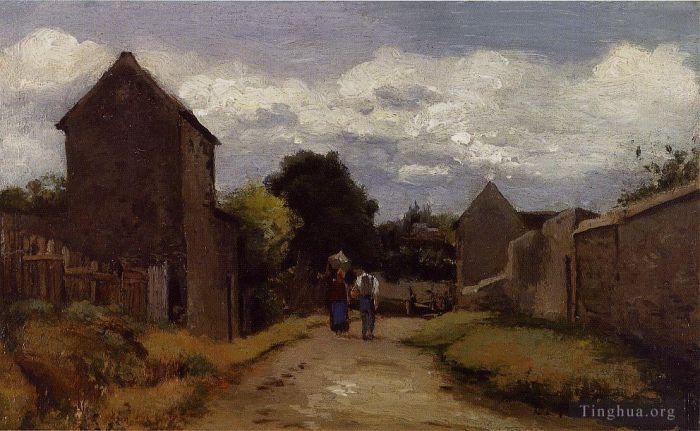 Camille Pissarro Oil Painting - Male and female peasants on a path crossing the countryside