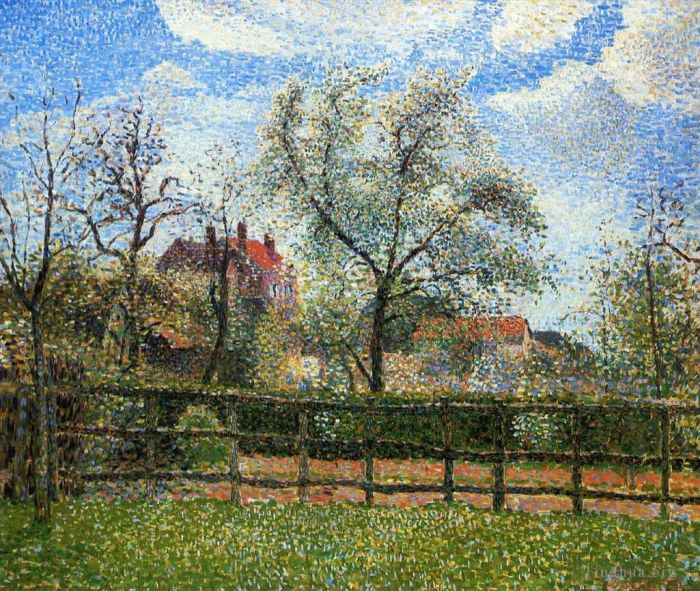Camille Pissarro Oil Painting - Pear trees and flowers at eragny morning 1886