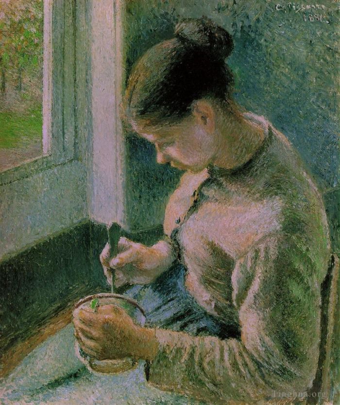 Camille Pissarro Oil Painting - Peasant girl drinking her coffee 1881