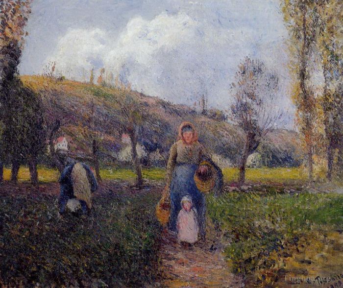 Camille Pissarro Oil Painting - Peasant woman and child harvesting the fields pontoise 1882