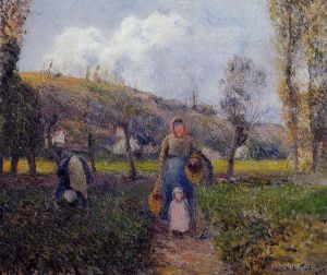 Artist Camille Pissarro's Work - Peasant woman and child harvesting the fields pontoise 1882