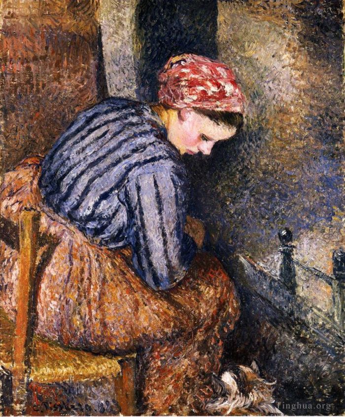 Camille Pissarro Oil Painting - Peasant woman warming herself 1883