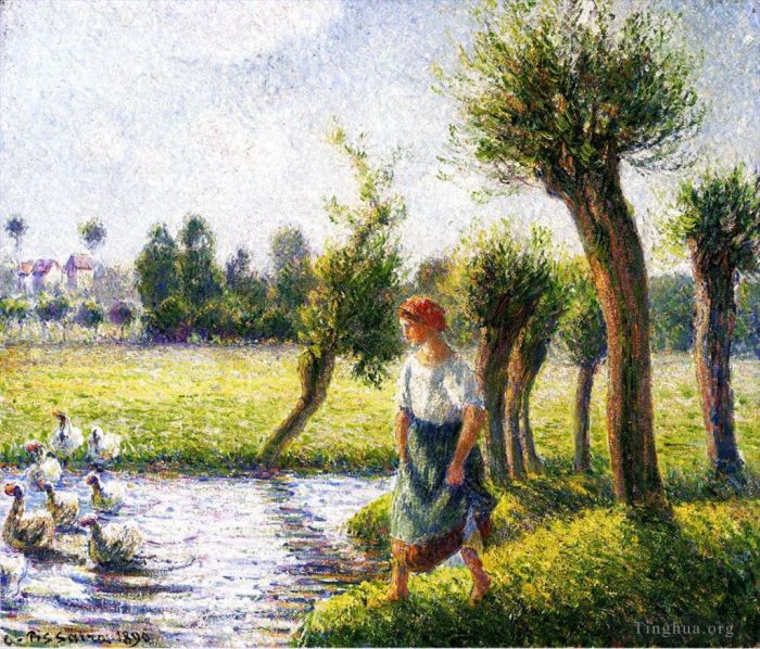 Camille Pissarro Oil Painting - Peasant woman watching the geese 1890