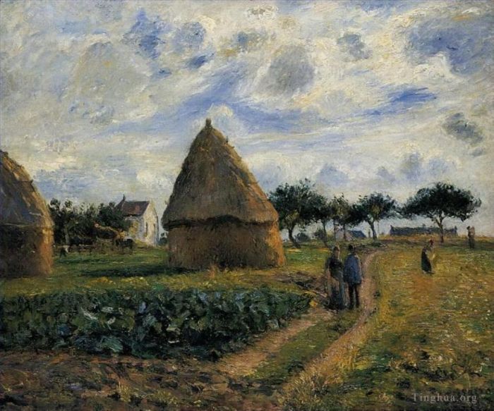 Camille Pissarro Oil Painting - Peasants and hay stacks 1878