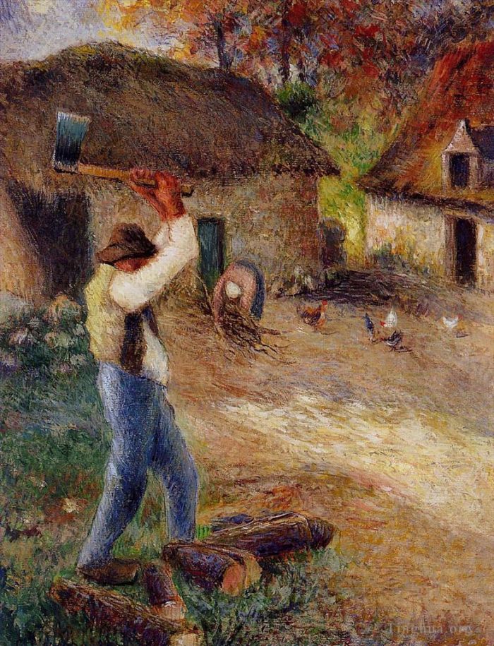 Camille Pissarro Oil Painting - Pere melon cutting wood 1880