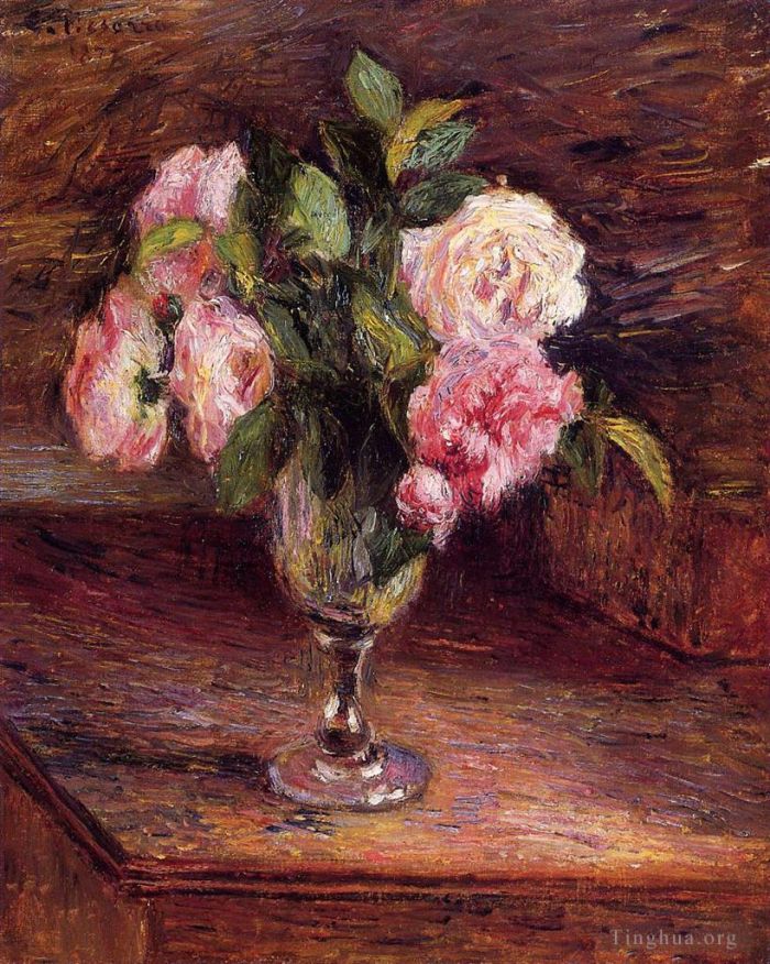 Camille Pissarro Oil Painting - Roses in a glass 1877