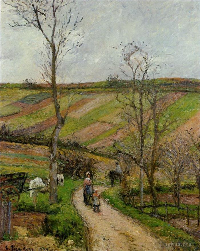 Camille Pissarro Oil Painting - Route du fond in hermitage pontoise 1877