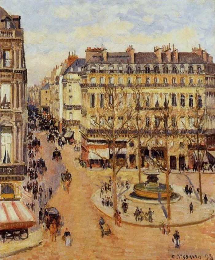 Camille Pissarro Oil Painting - Rue saint honore morning sun effect place du theatre francais 1898