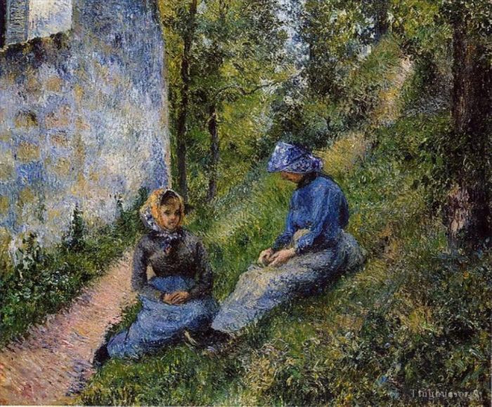 Camille Pissarro Oil Painting - Seated peasants sewing 1881