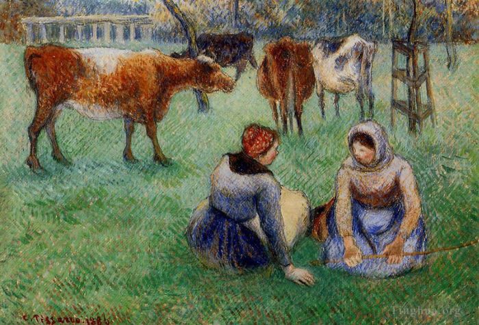Camille Pissarro Oil Painting - Seated peasants watching cows 1886