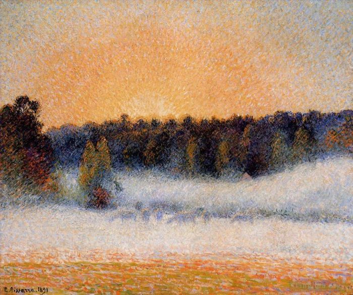 Camille Pissarro Oil Painting - Setting sun and fog eragny 1891