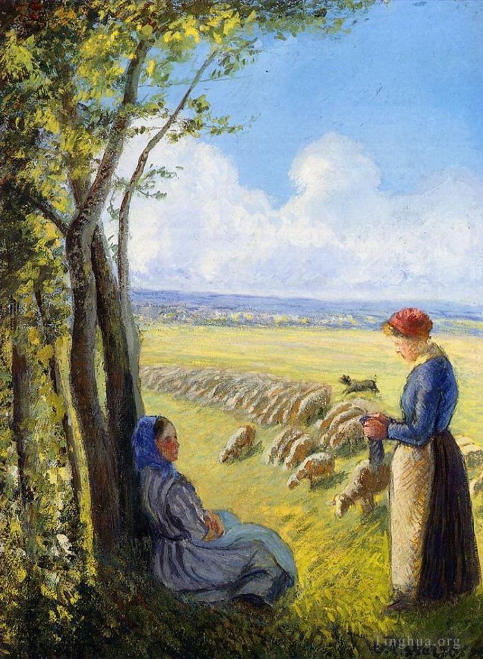 Camille Pissarro Oil Painting - Shepherdesses