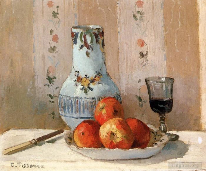 Camille Pissarro Oil Painting - Still life with apples and pitcher 1872
