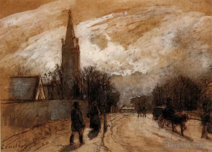 Camille Pissarro Oil Painting - Study for all saints church upper norwood 1871