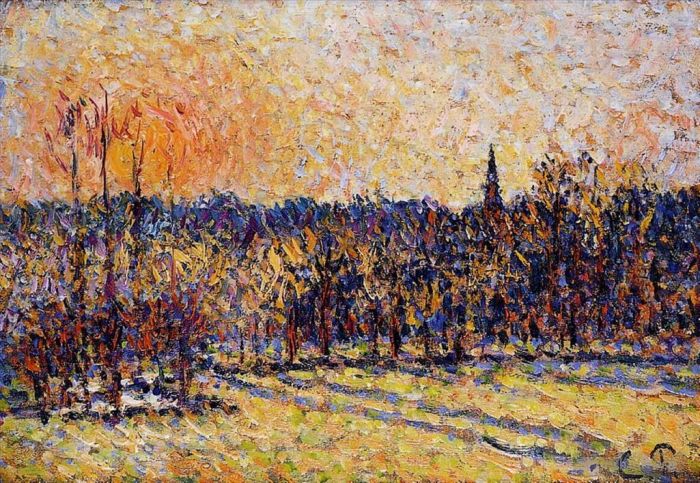 Camille Pissarro Oil Painting - Sunset bazincourt steeple 1
