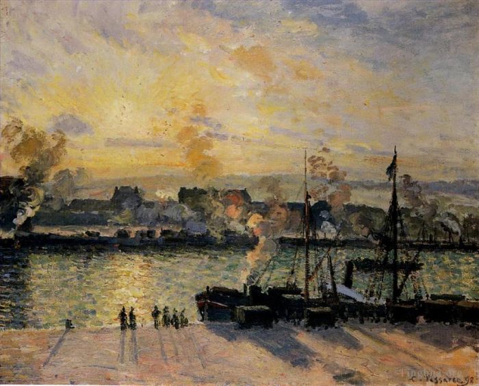 Camille Pissarro Oil Painting - Sunset the port of rouen steamboats 1898