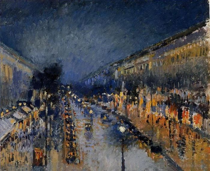 Camille Pissarro Oil Painting - The boulevard montmartre at night 1897