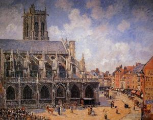 Artist Camille Pissarro's Work - The church of st jacques in dieppe morning sun 1901