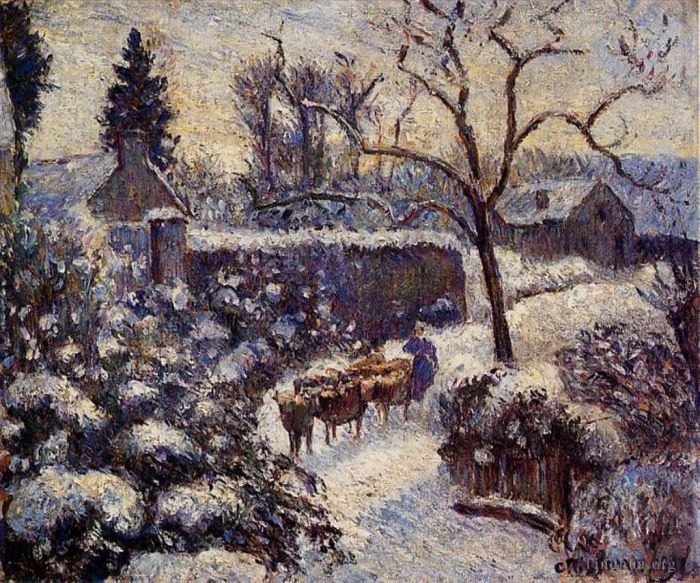 Camille Pissarro Oil Painting - The effect of snow at montfoucault 1891
