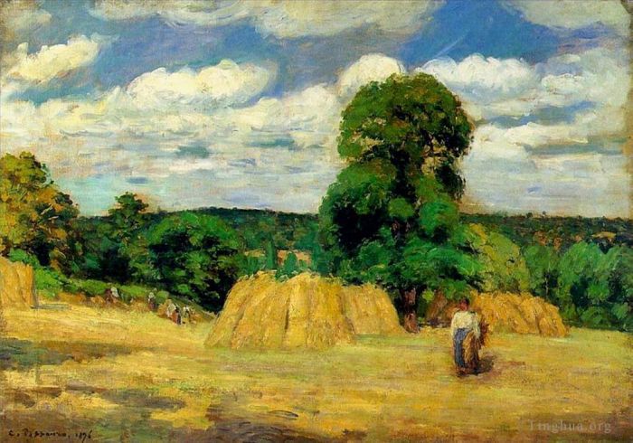 Camille Pissarro Oil Painting - The harvest at montfoucault 1876