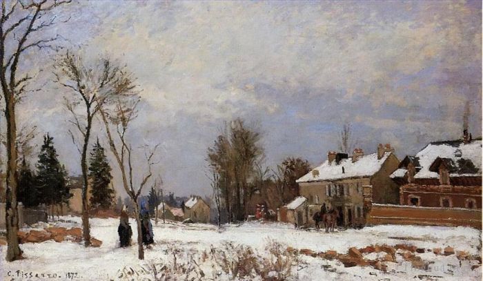 Camille Pissarro Oil Painting - The road from versailles to saint germain louveciennes snow effect 1872