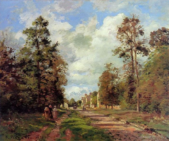 Camille Pissarro Oil Painting - The road to louveciennes at the outskirts of the forest 1871