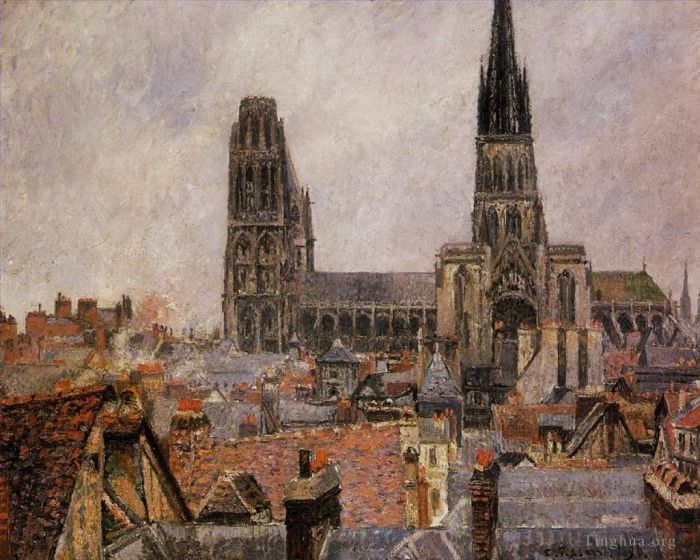 Camille Pissarro Oil Painting - The roofs of old rouen grey weather 1896