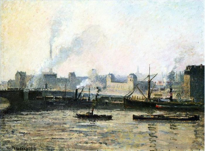 Camille Pissarro Oil Painting - The saint sever bridge at rouen fog 1896