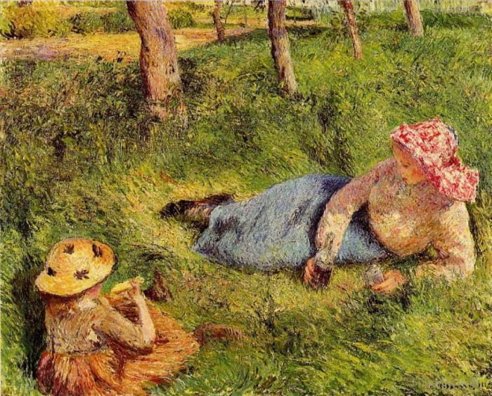 Camille Pissarro Oil Painting - The snack child and young peasant at rest 1882